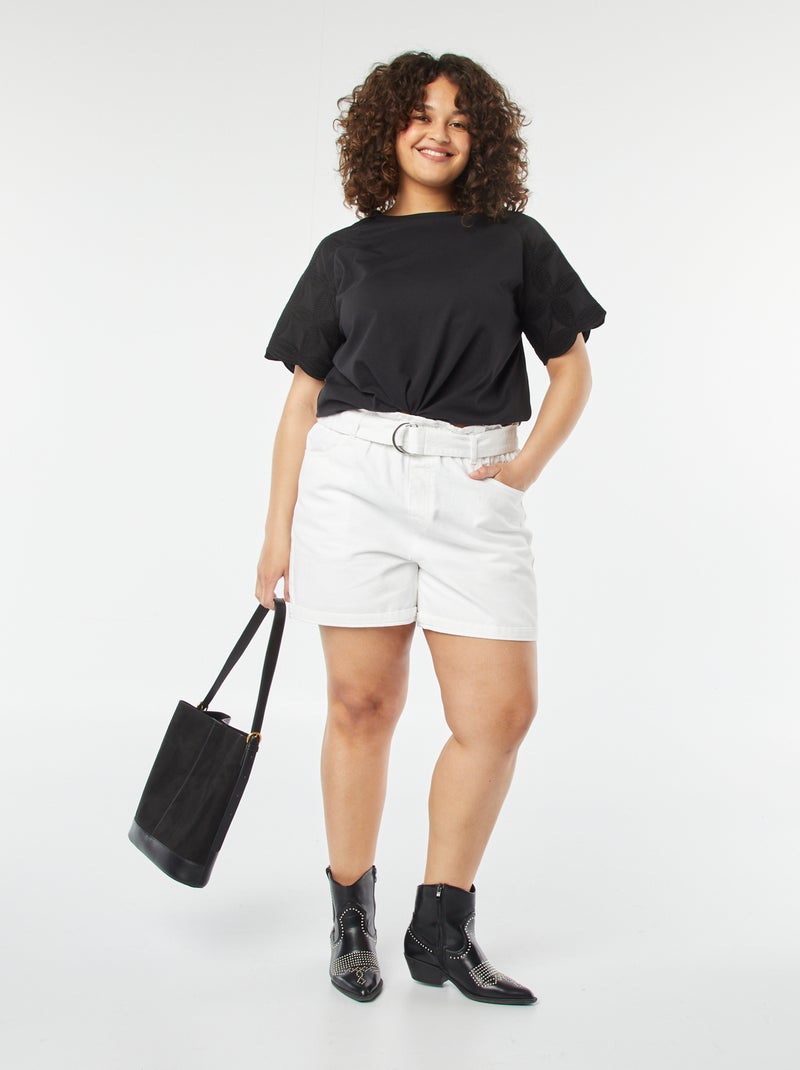 Effen jeansshort met riem wit - Kiabi