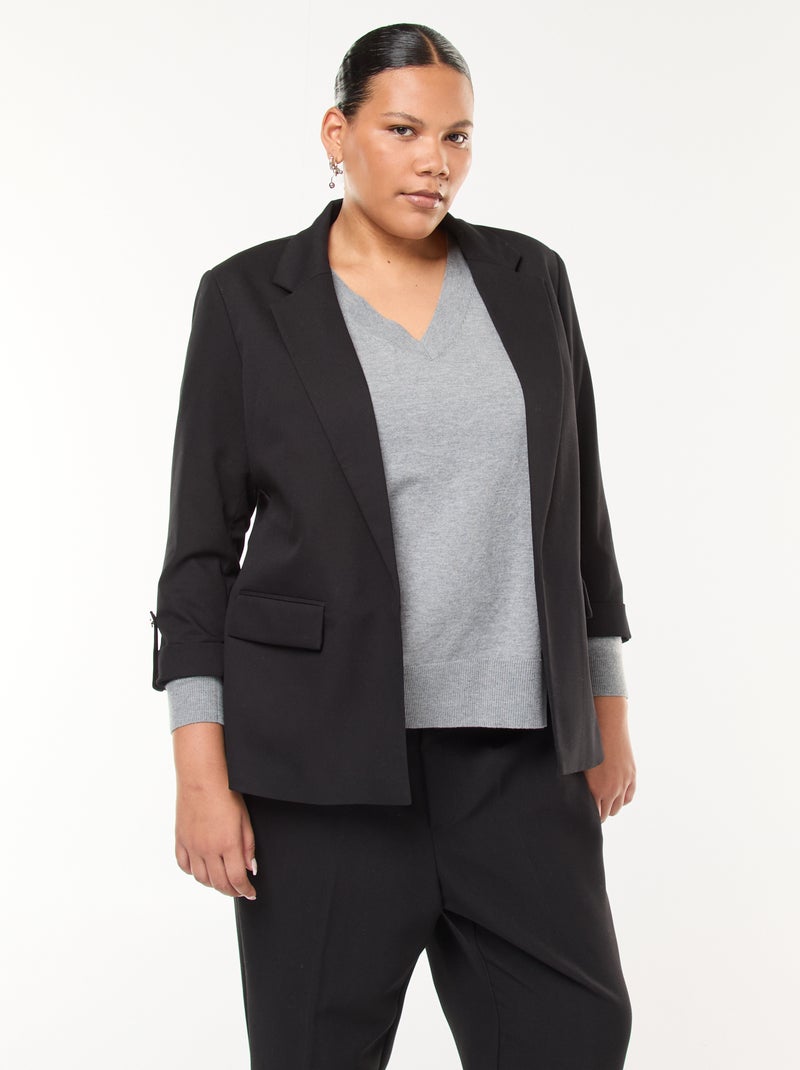 Effen lange blazer met omgeslagen mouwboordjes zwart - Kiabi