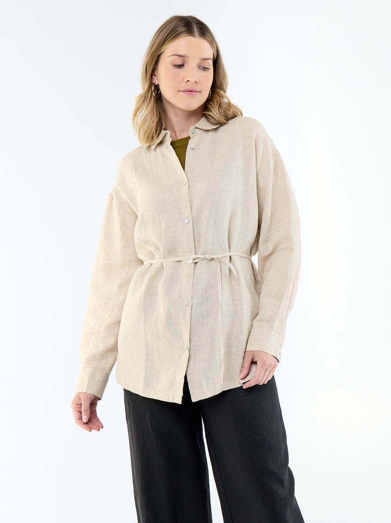 Effen lange blouse van linnen Biege - Kiabi