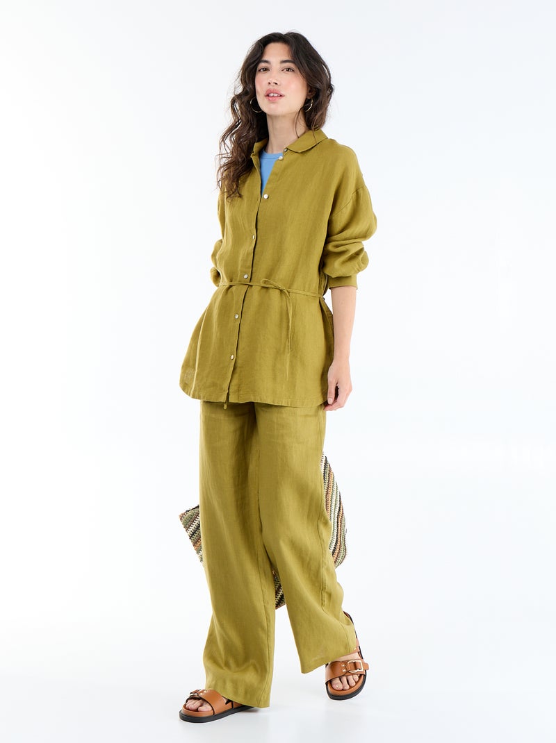 Effen lange blouse van linnen Groen - Kiabi