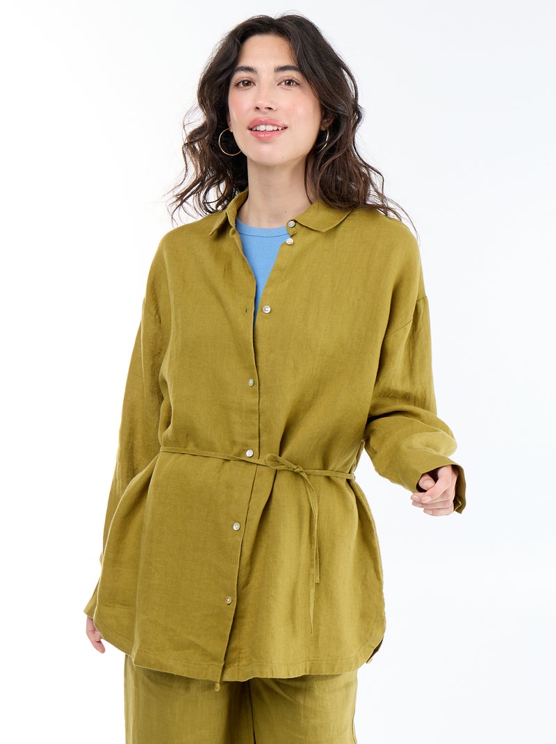 Effen lange blouse van linnen Groen - Kiabi