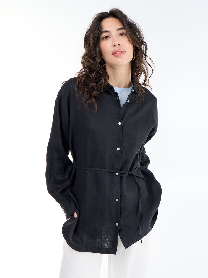 Effen lange blouse van linnen Zwart - Kiabi