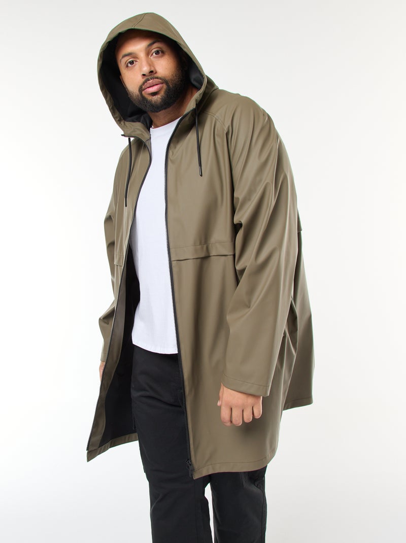 Effen lange, waterafstotende parka met capuchon Kaki - Kiabi