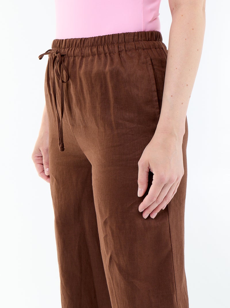 Effen pantalon van linnen met wijde pasvorm Bruin - Kiabi