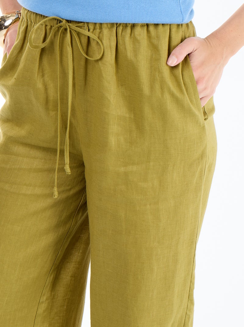 Effen pantalon van linnen met wijde pasvorm Groen - Kiabi