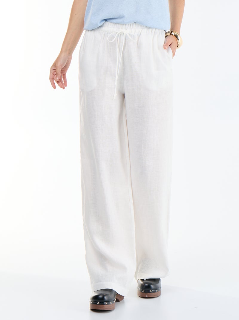 Effen pantalon van linnen met wijde pasvorm Wit - Kiabi