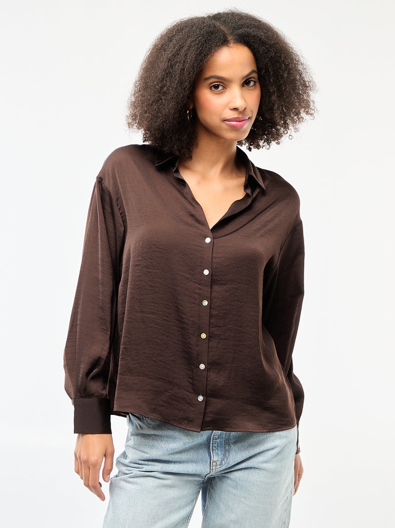 Effen satijnen blouse met lange mouwen bruin - Kiabi