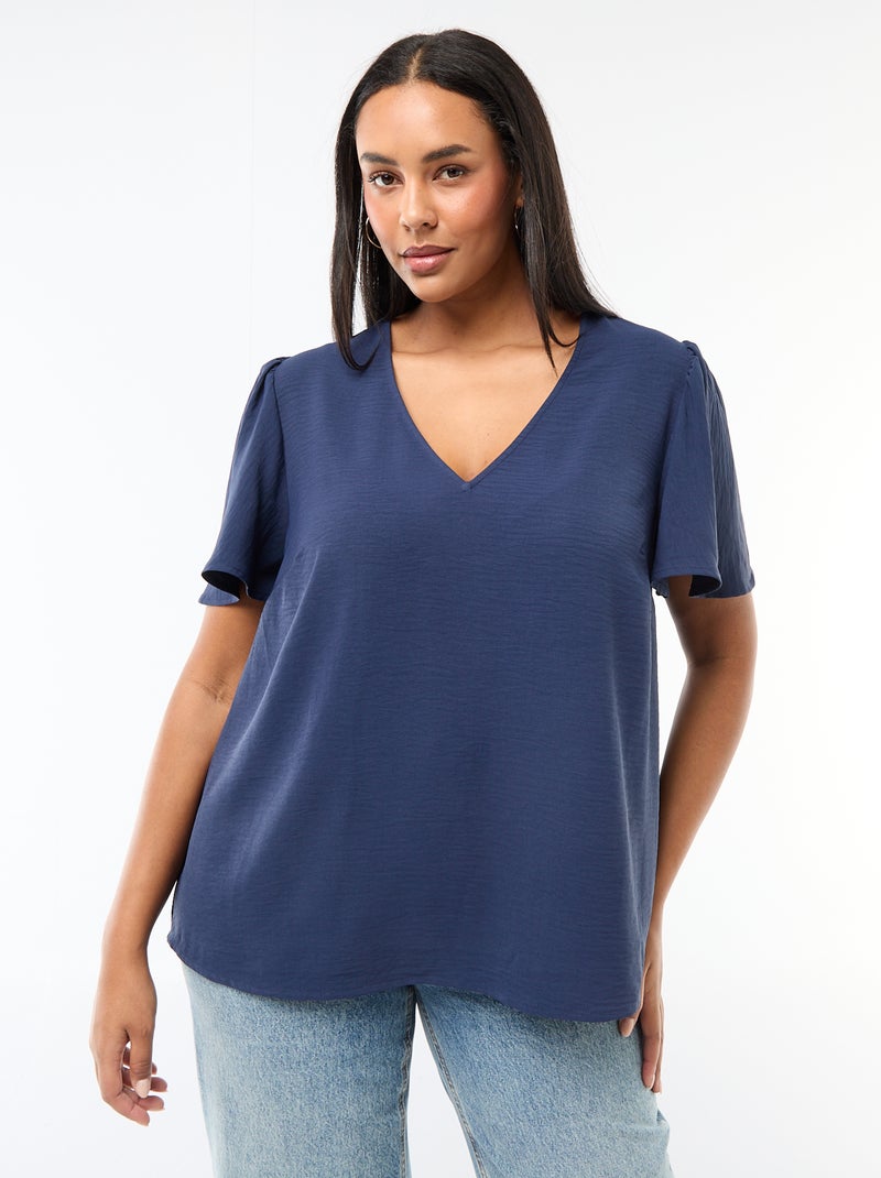 Effen, soepelvallende blouse met korte mouwen Donkerblauw - Kiabi