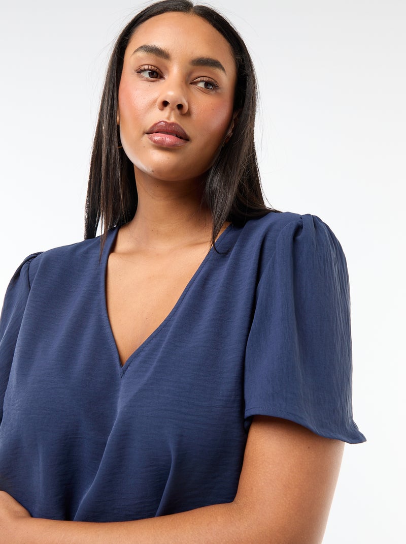 Effen, soepelvallende blouse met korte mouwen Donkerblauw - Kiabi