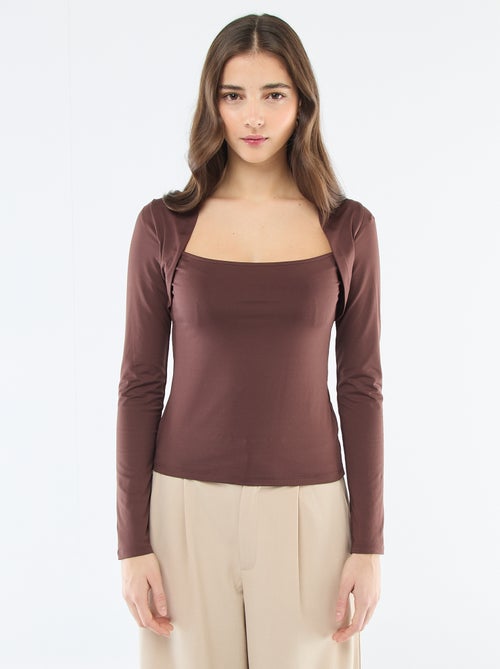 Effen stretch-T-shirt met lange mouwen en vierkante kraag - Kiabi