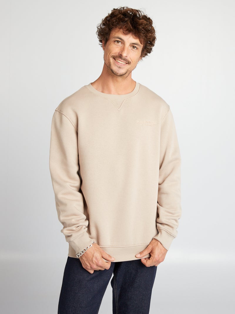 Effen sweater met geborduurde tekst BIEGE - Kiabi