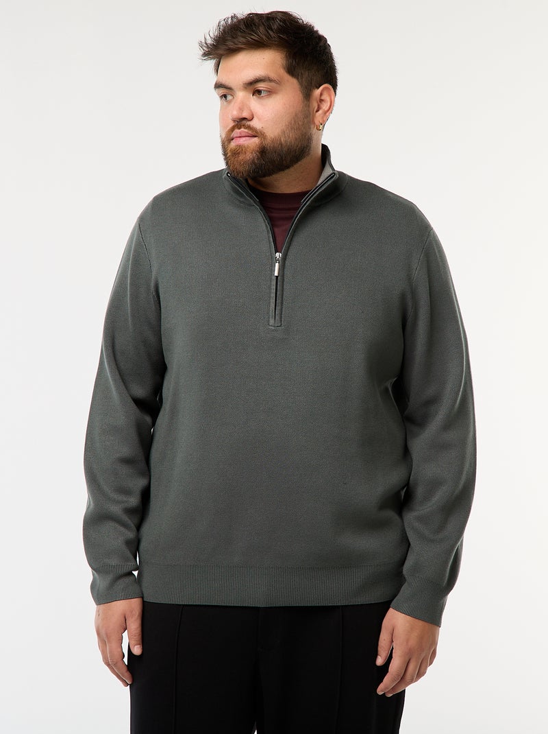 Effen sweater met opstaande ritskraag in schippersstijl Kaki - Kiabi
