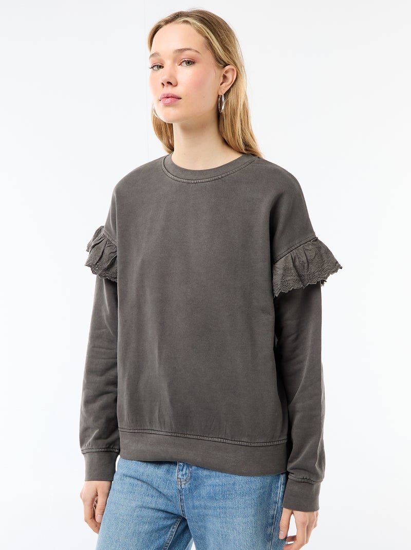 Effen sweater met volantjes van Engels borduurwerk op de mouwen Grijs - Kiabi