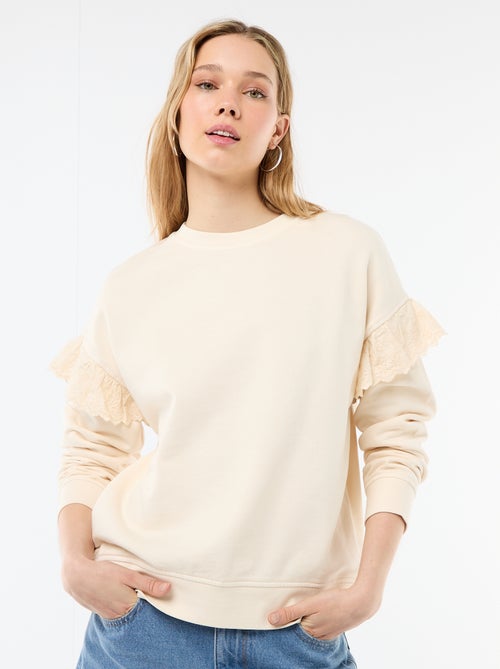 Effen sweater met volantjes van Engels borduurwerk op de mouwen - Kiabi
