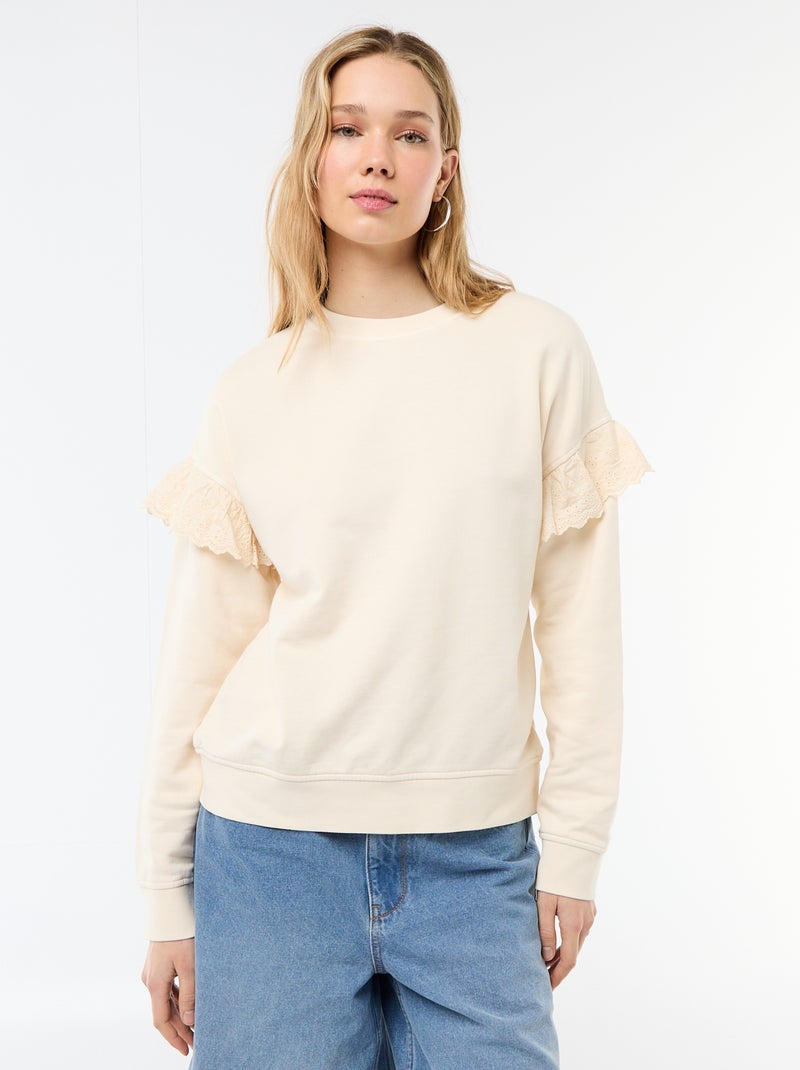 Effen sweater met volantjes van Engels borduurwerk op de mouwen Wit - Kiabi