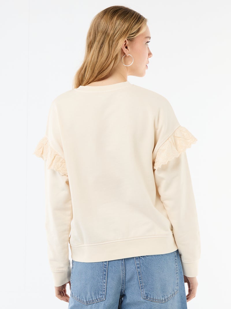 Effen sweater met volantjes van Engels borduurwerk op de mouwen Wit - Kiabi
