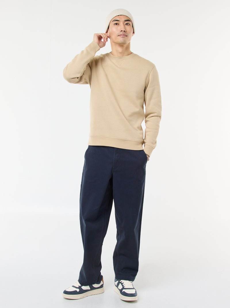 Effen sweater van geruwde fleece met ronde hals Biege - Kiabi