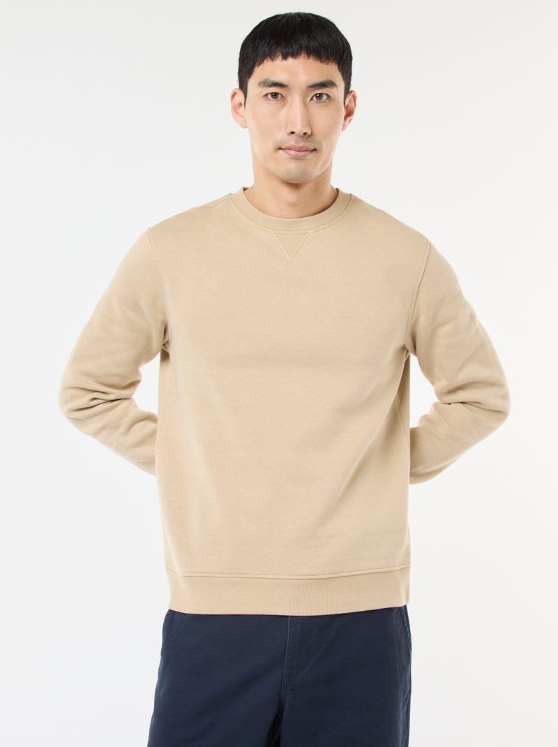 Effen sweater van geruwde fleece met ronde hals Biege - Kiabi