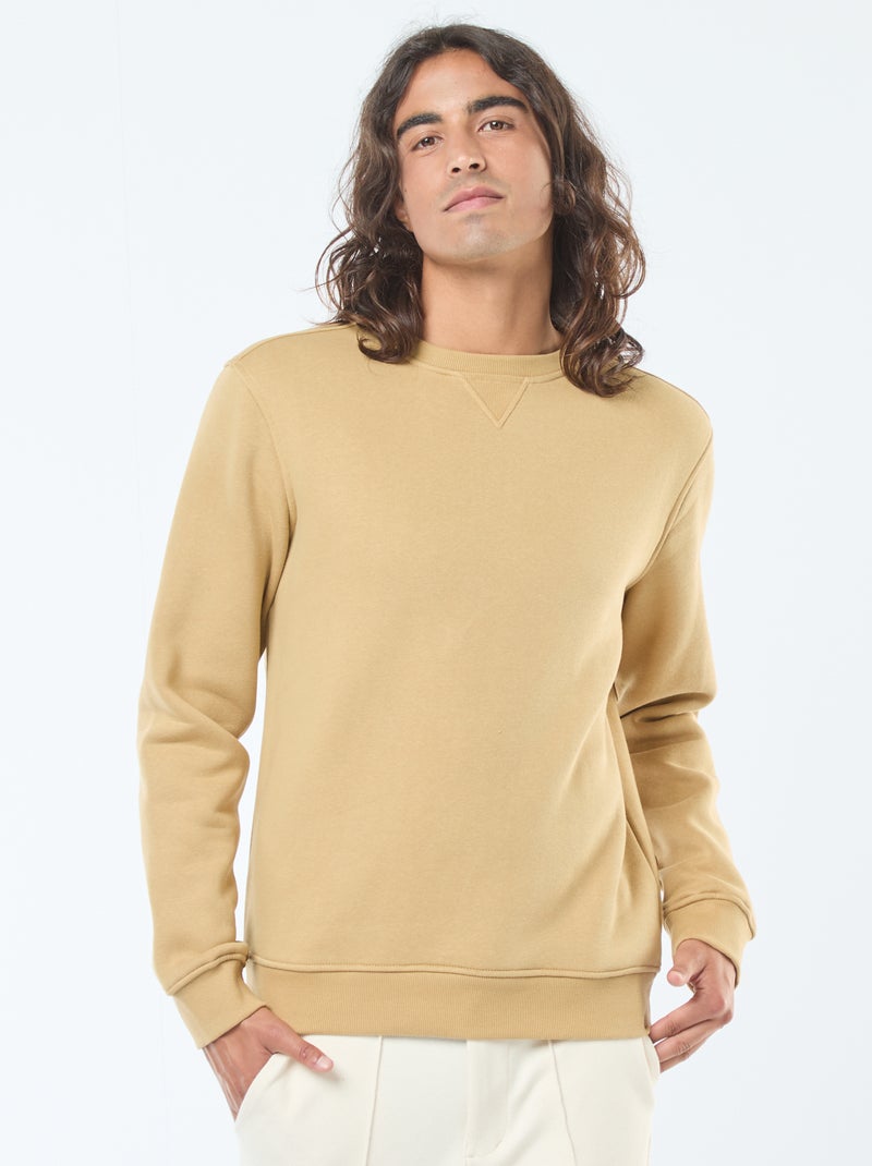 Effen sweater van geruwde fleece met ronde hals Biege - Kiabi