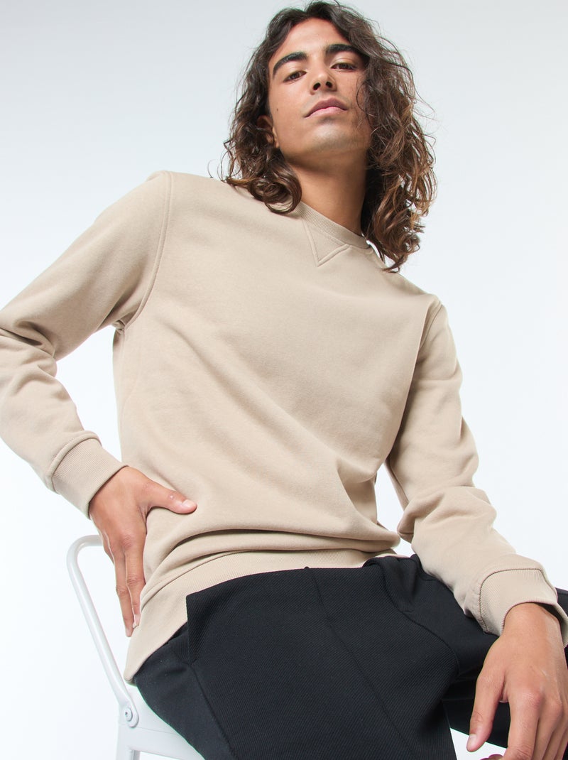 Effen sweater van geruwde fleece met ronde hals Biege - Kiabi