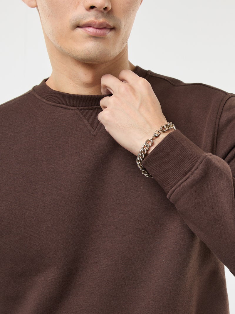 Effen sweater van geruwde fleece met ronde hals Bruin - Kiabi