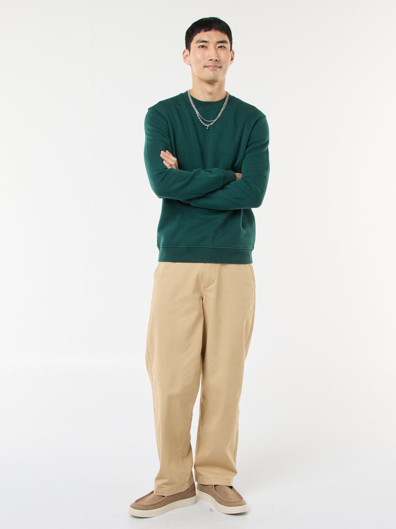 Effen sweater van geruwde fleece met ronde hals Groen - Kiabi