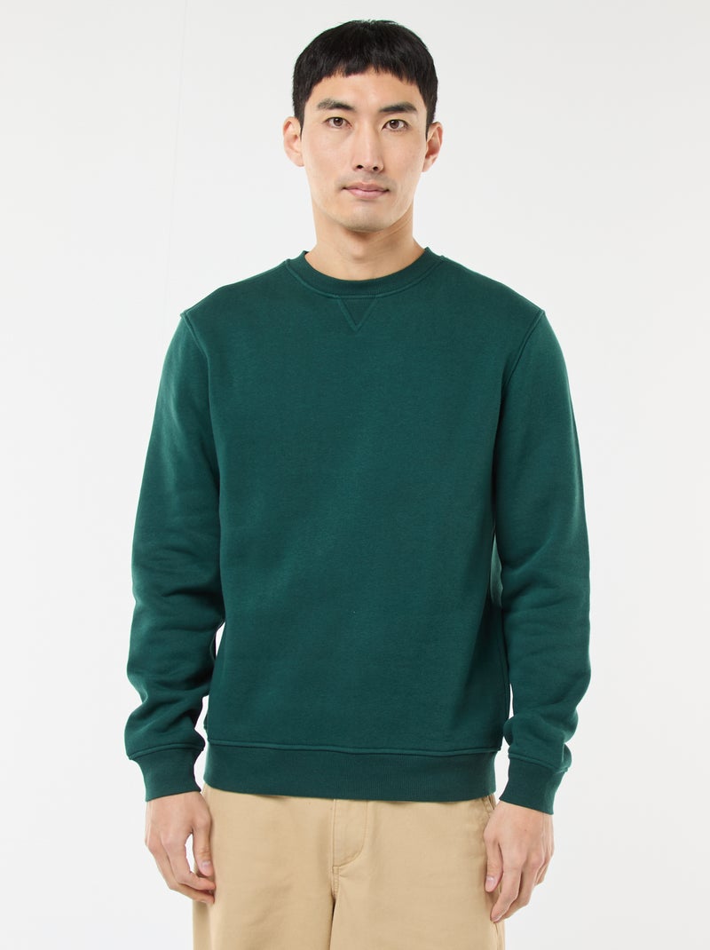 Effen sweater van geruwde fleece met ronde hals Groen - Kiabi