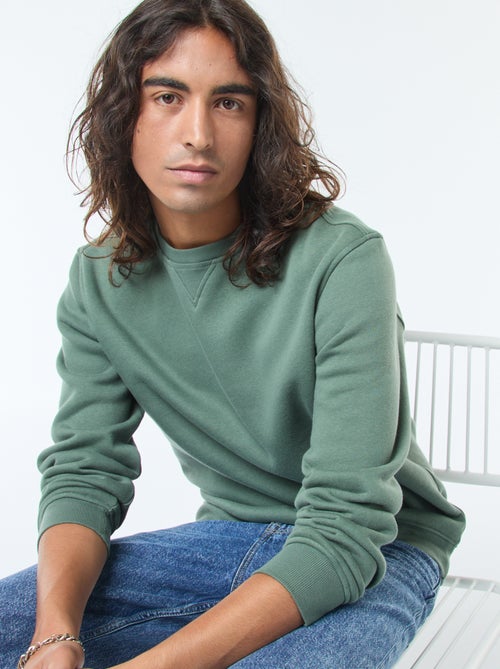 Effen sweater van geruwde fleece met ronde hals - Kiabi