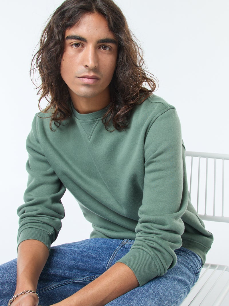 Effen sweater van geruwde fleece met ronde hals Groen - Kiabi