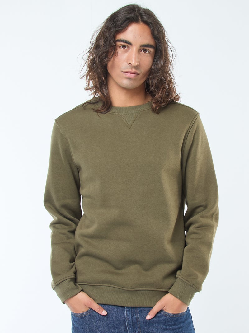 Effen sweater van geruwde fleece met ronde hals Kaki - Kiabi