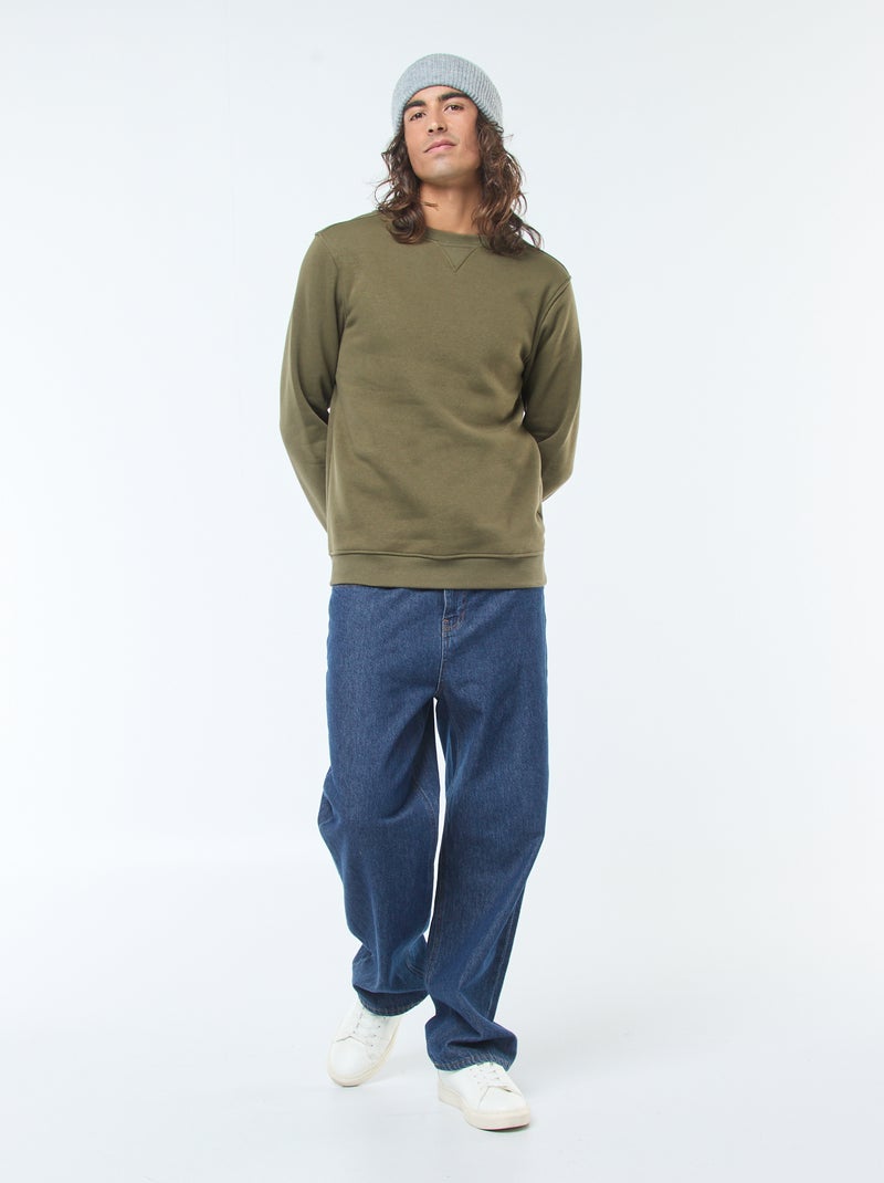 Effen sweater van geruwde fleece met ronde hals Kaki - Kiabi