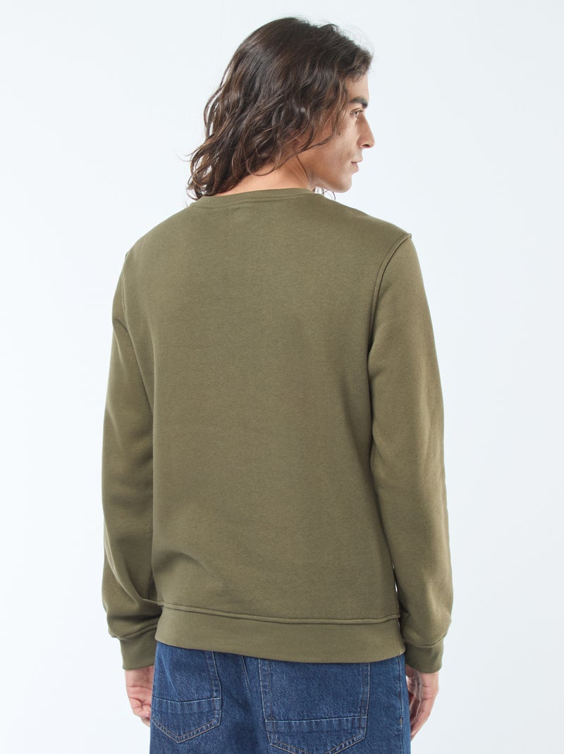 Effen sweater van geruwde fleece met ronde hals Kaki - Kiabi