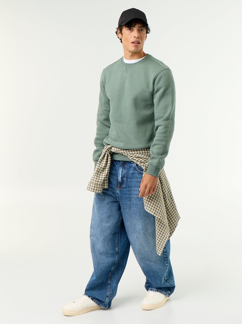 Effen sweater van geruwde molton Groen - Kiabi