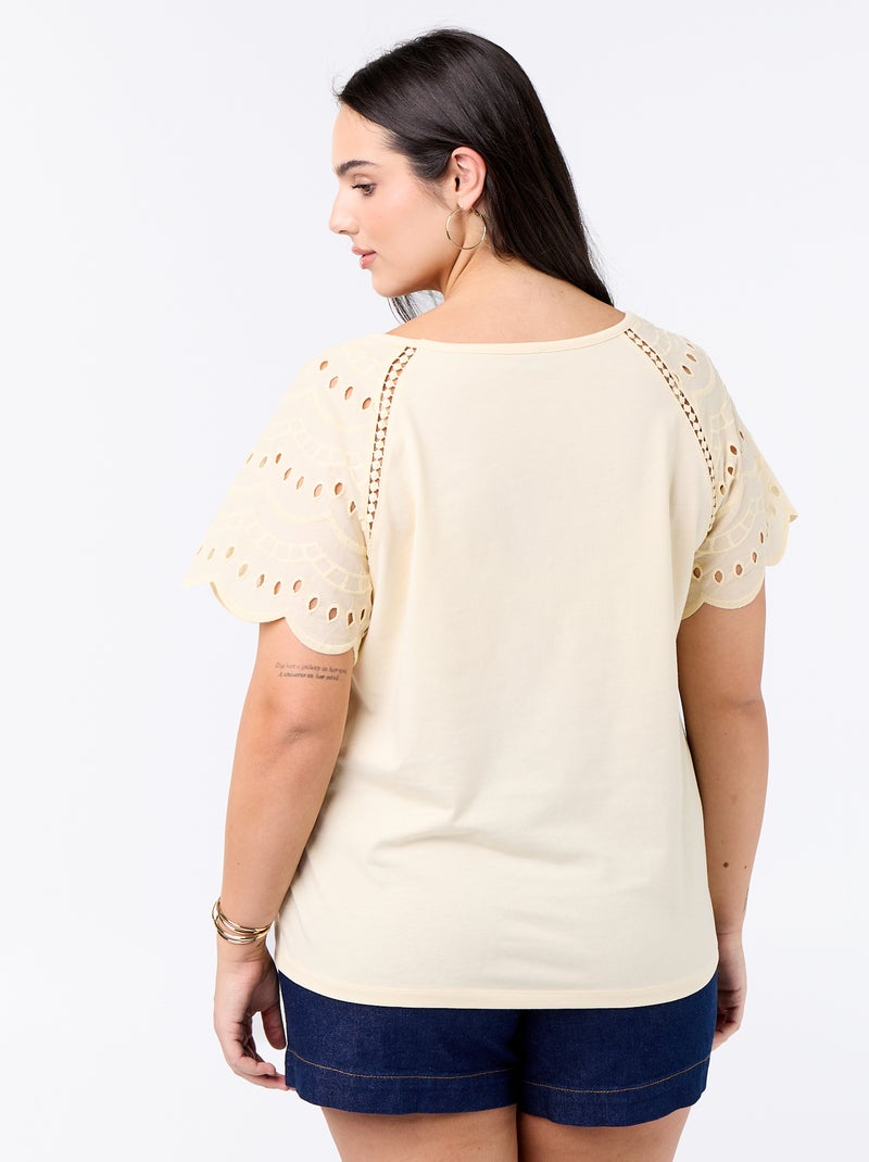 Effen T-shirt met borduursels op de mouwen Biege - Kiabi