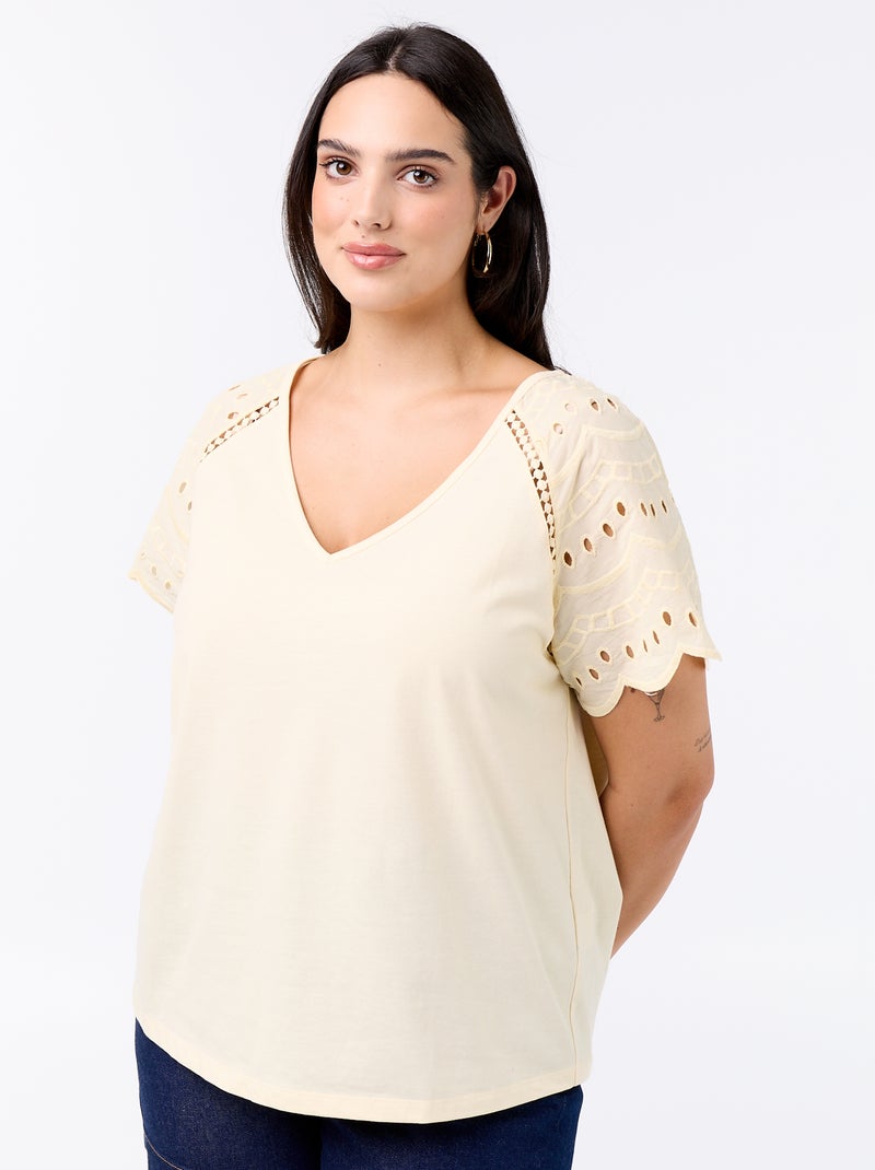 Effen T-shirt met borduursels op de mouwen Biege - Kiabi