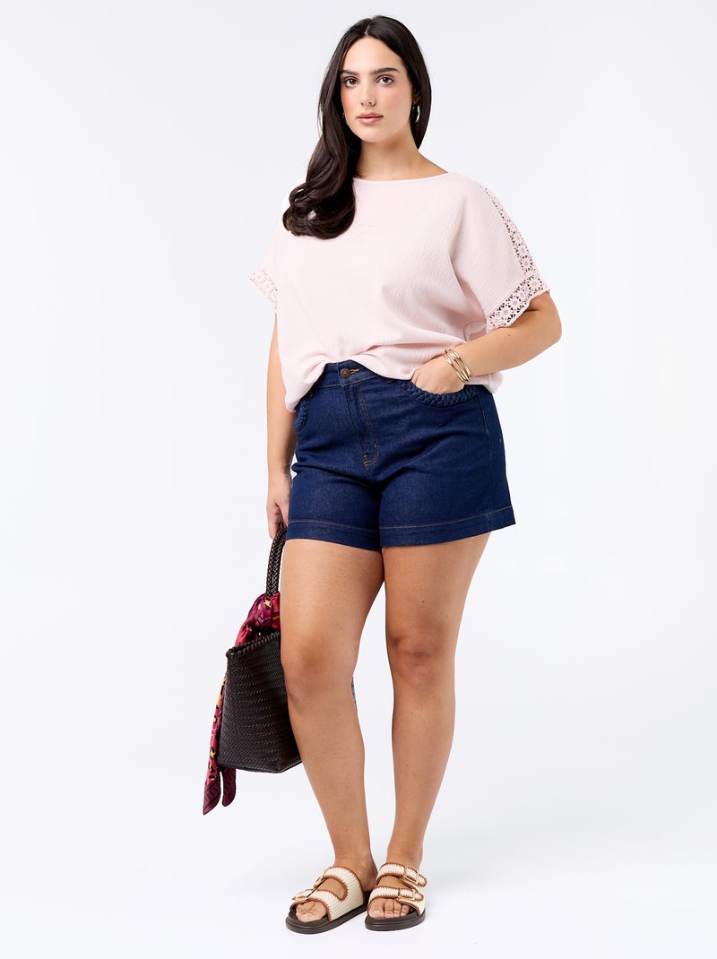 Effen T-shirt met borduurwerk en macramé op de mouwen Rose - Kiabi