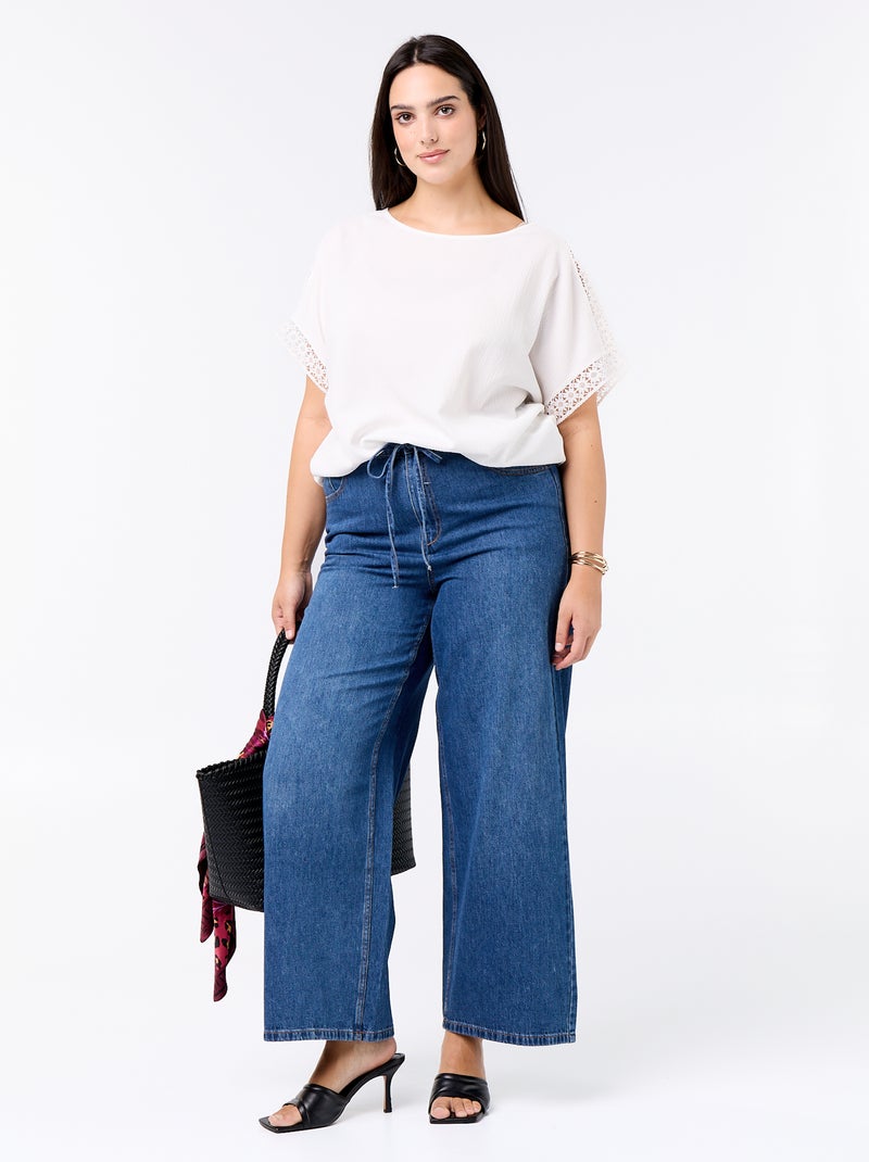 Effen T-shirt met borduurwerk en macramé op de mouwen Wit - Kiabi