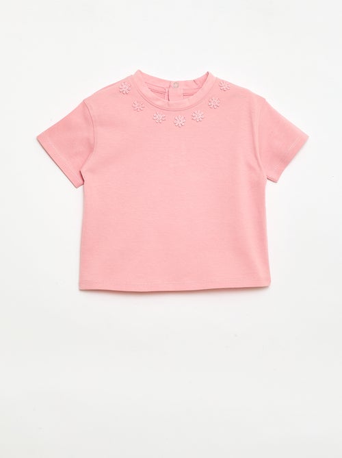 Effen T-shirt met fantasiebloemen aan de kraag - Kiabi