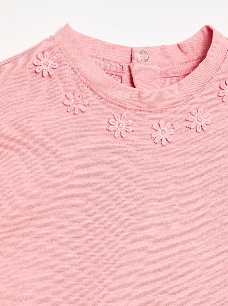 Effen T-shirt met fantasiebloemen aan de kraag Rose - Kiabi