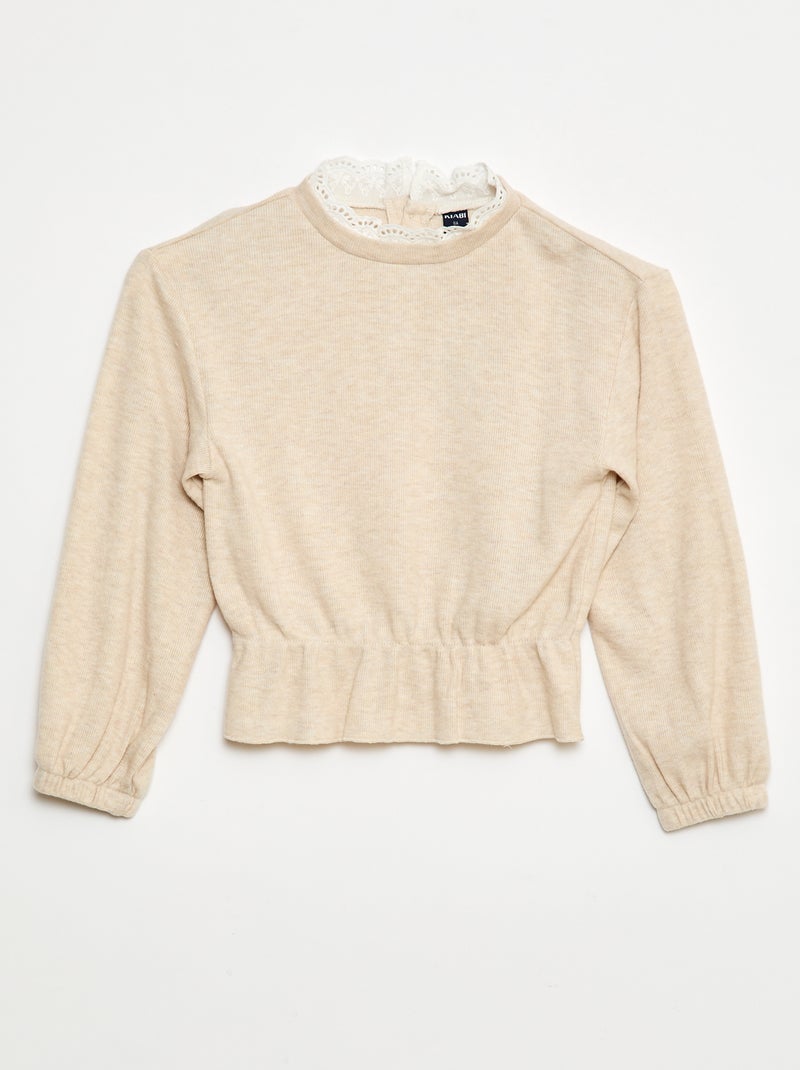 Effen T-shirt met kant Biege - Kiabi