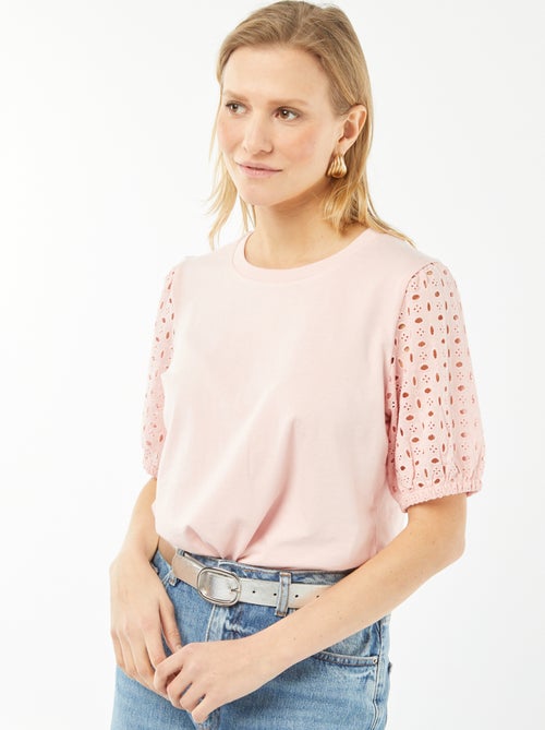 Effen T-shirt met korte mouw en Engels kant - Kiabi
