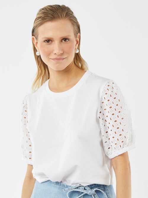 Effen T-shirt met korte mouw en Engels kant - Kiabi