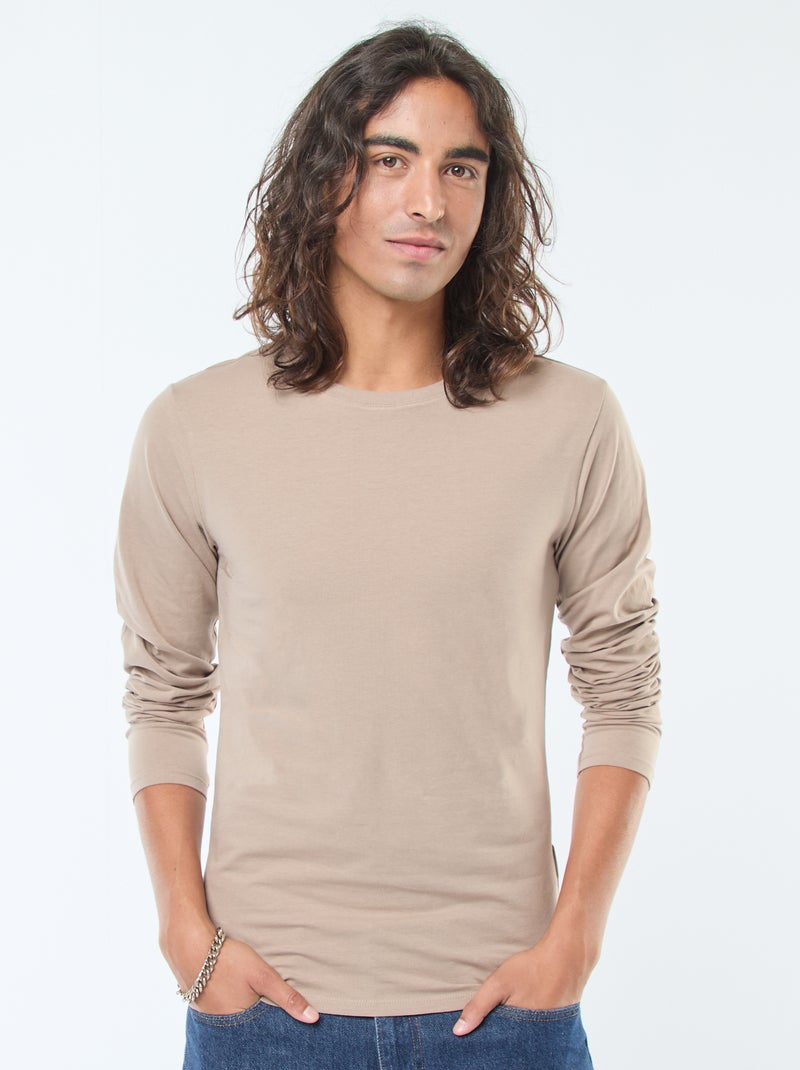 Effen T-shirt met korte mouw en ronde hals Biege - Kiabi