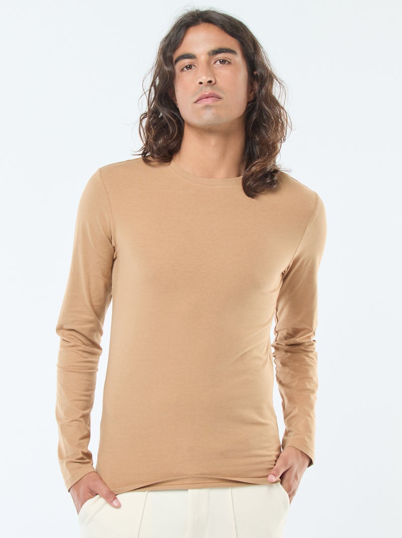 Effen T-shirt met korte mouw en ronde hals Biege - Kiabi