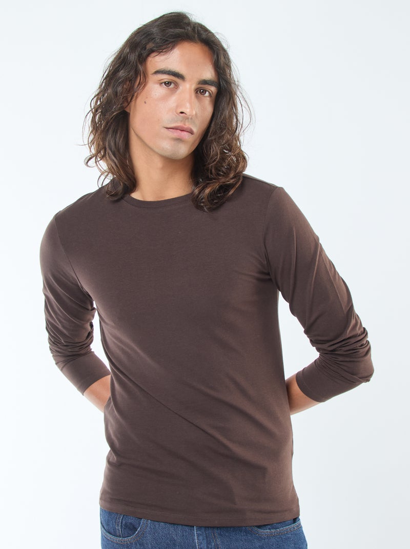 Effen T-shirt met korte mouw en ronde hals bruin - Kiabi