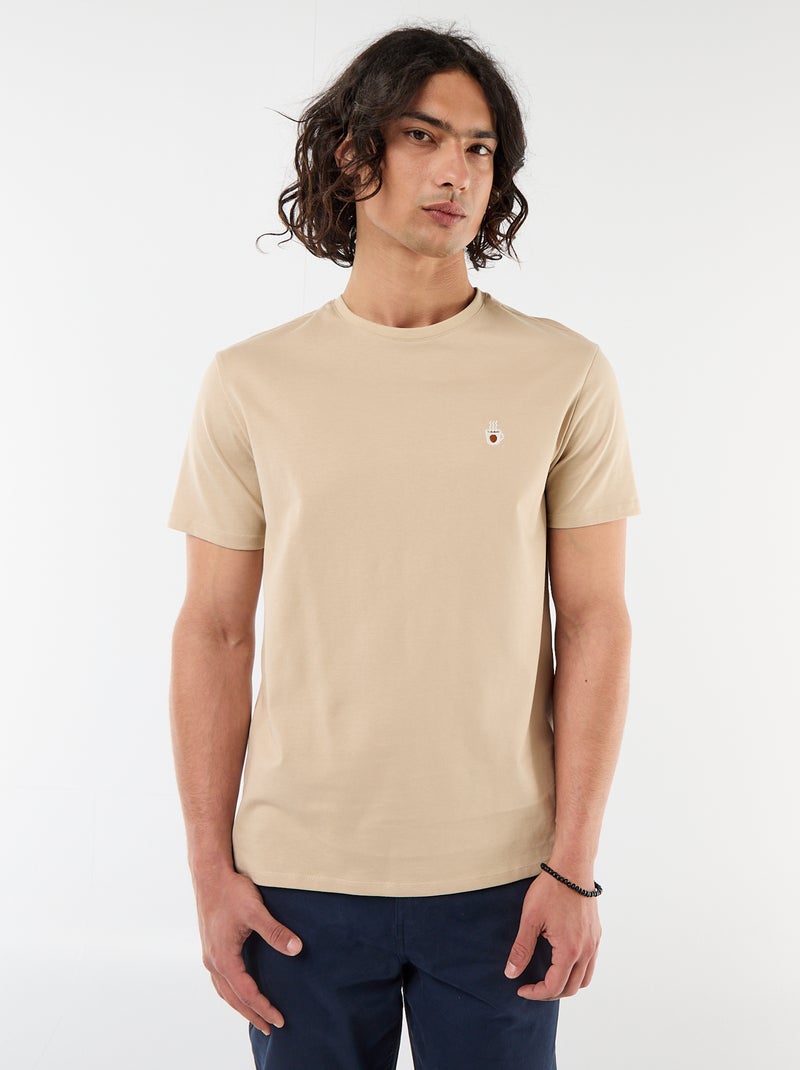Effen T-shirt met korte mouwen en borduursel Biege - Kiabi