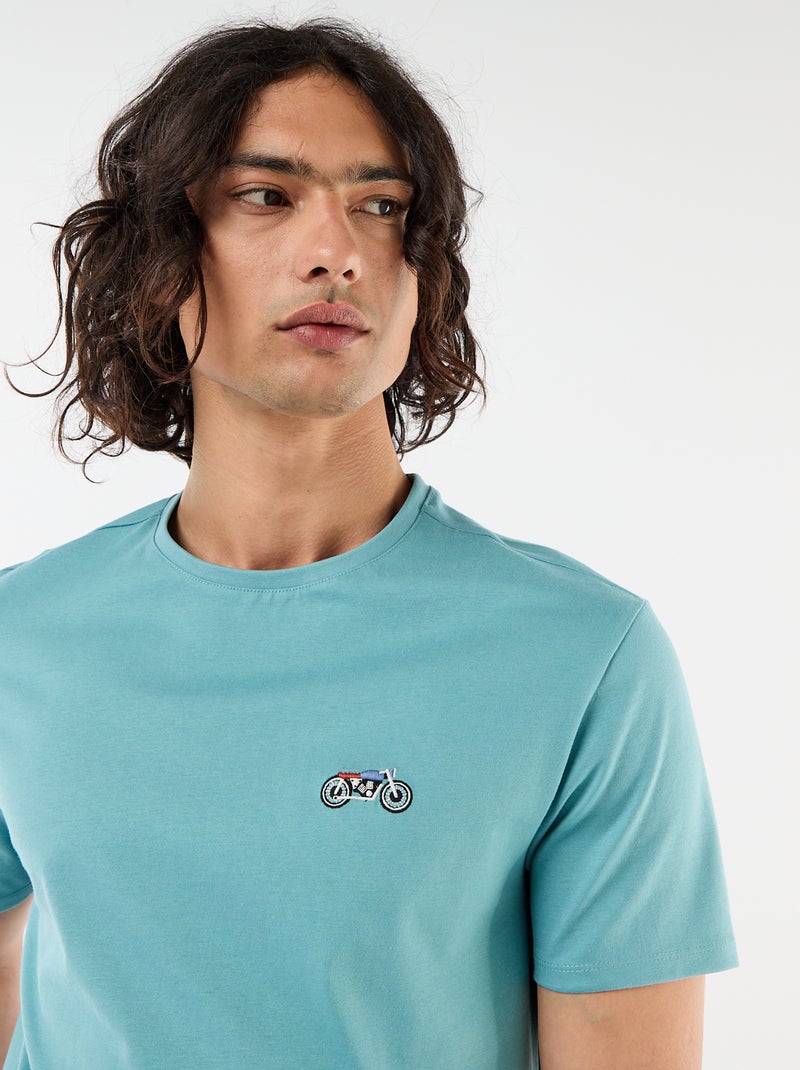 Effen T-shirt met korte mouwen en borduursel Blauw - Kiabi