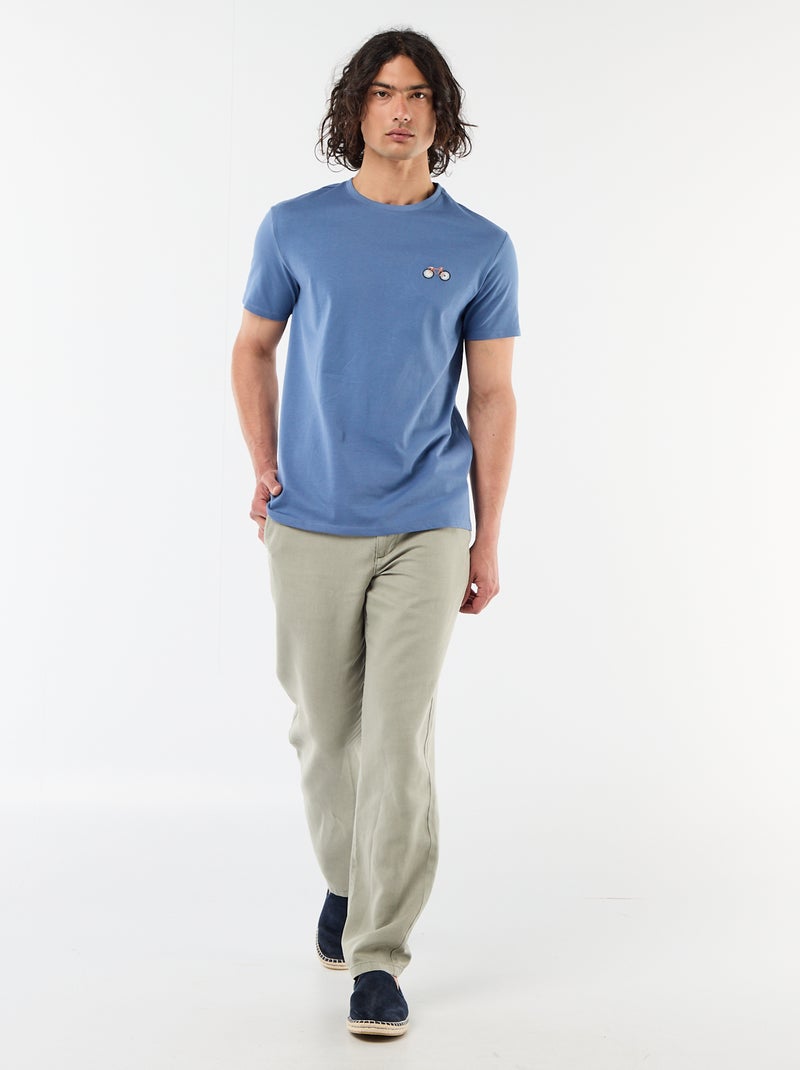 Effen T-shirt met korte mouwen en borduursel Blauw - Kiabi