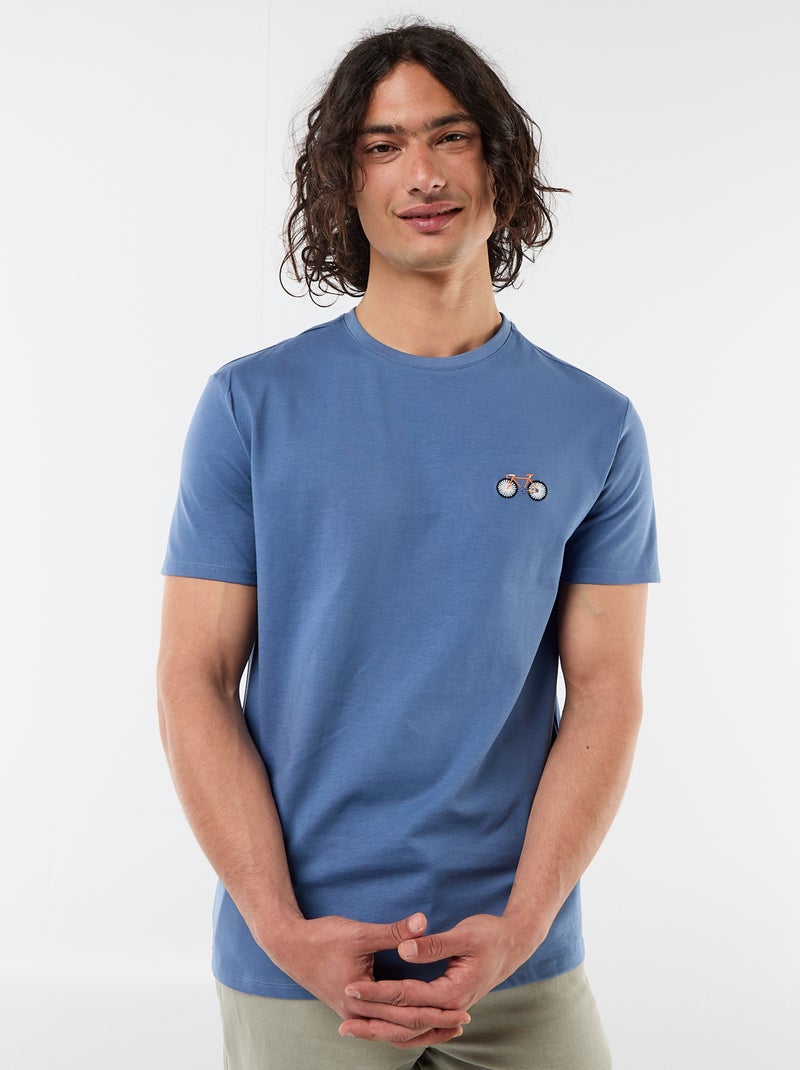 Effen T-shirt met korte mouwen en borduursel Blauw - Kiabi