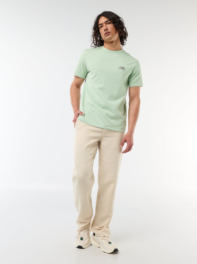 Effen T-shirt met korte mouwen en borduursel Groen - Kiabi
